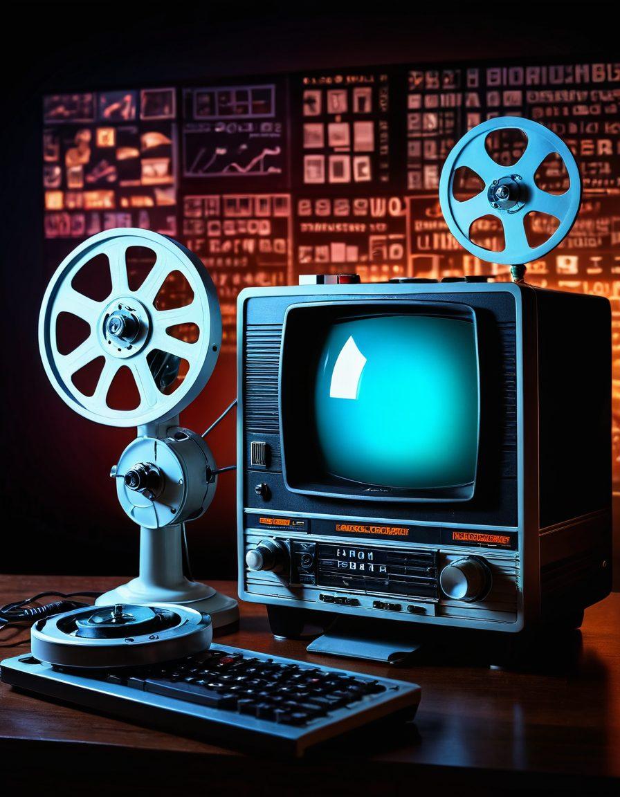 A dynamic collage depicting the evolution of pornographic media, featuring a vintage movie projector, classic adult film reels, and a futuristic digital tablet displaying explicit content with a glowing screen. Include elements representing the Internet era, such as binary code and social media icons. The background transitions from a dimly lit old cinema to a bright, modern digital landscape. vibrant colors. super-realistic.